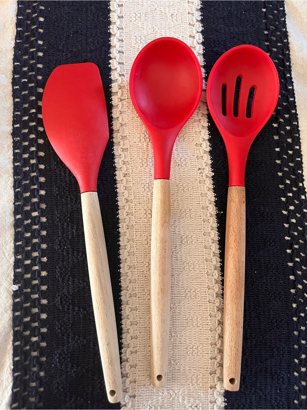 Red Silicone and Wood Kitchen Utensil Set - 3 Piece